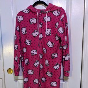 Hello Kitty adult footed pink polka dot pajamas onesie fleece cozy hooded Small